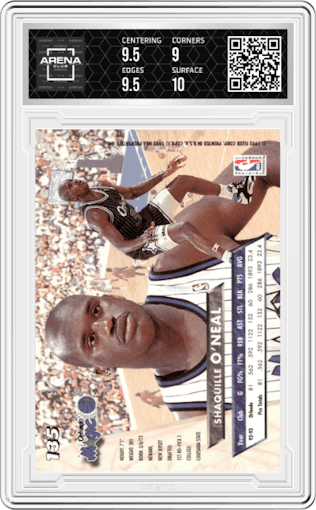 Shaquille O'Neal from the 1993-94 Fleer Ultra set graded by Arena Club and given an overall grade of 9.5.