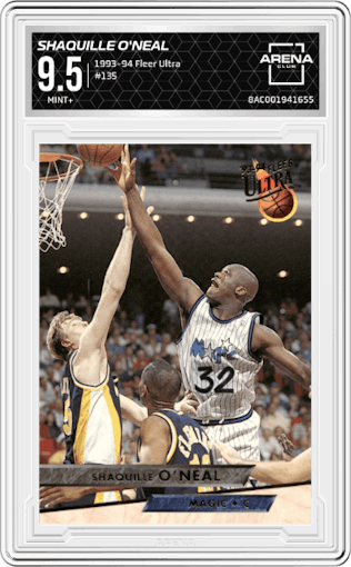 Shaquille O'Neal from the 1993-94 Fleer Ultra set graded by Arena Club and given an overall grade of 9.5.