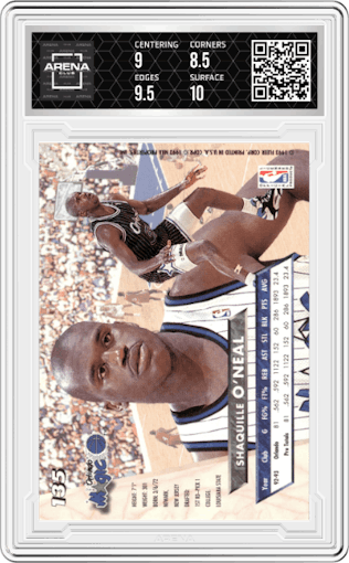 Shaquille O'Neal from the 1993-94 Fleer Ultra set graded by Arena Club and given an overall grade of 9.