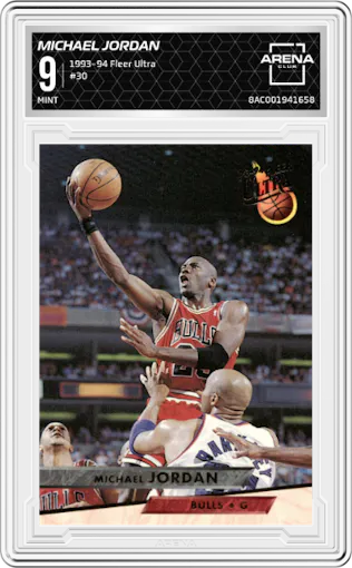 Michael Jordan from the 1993-94 Fleer Ultra set graded by Arena Club and given an overall grade of 9.