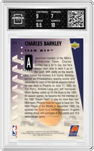 Charles Barkley from the 1992-93 Upper Deck MVP Holograms set graded by Arena Club and given an overall grade of 7.5.