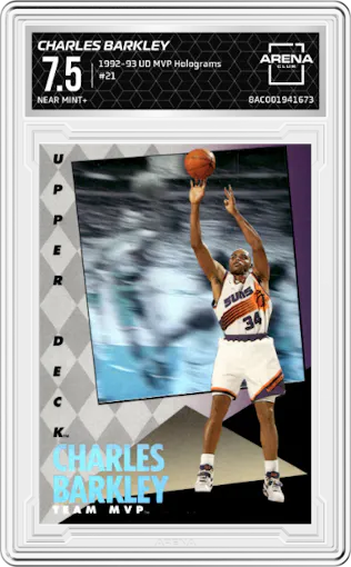 Charles Barkley from the 1992-93 Upper Deck MVP Holograms set graded by Arena Club and given an overall grade of 7.5.