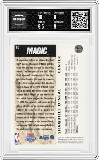 Shaquille O'Neal from the 1992-93 Upper Deck  set featuring a Trade Card parallel graded by Arena Club and given an overall grade of 8.5.