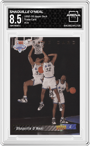Shaquille O'Neal from the 1992-93 Upper Deck  set featuring a Trade Card parallel graded by Arena Club and given an overall grade of 8.5.