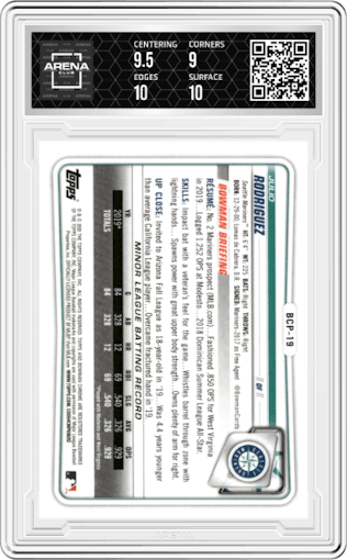 Julio Rodriguez from the 2020 Bowman set graded by Arena Club and given an overall grade of 9.5.