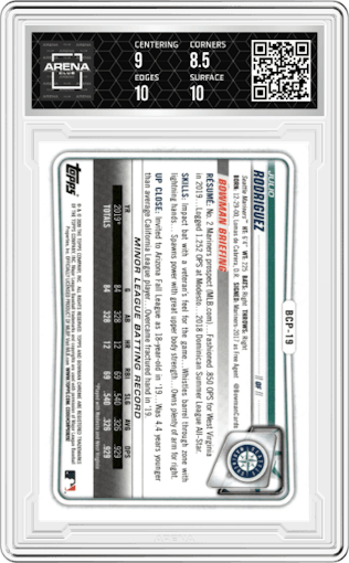 Julio Rodriguez from the 2020 Bowman set graded by Arena Club and given an overall grade of 9.