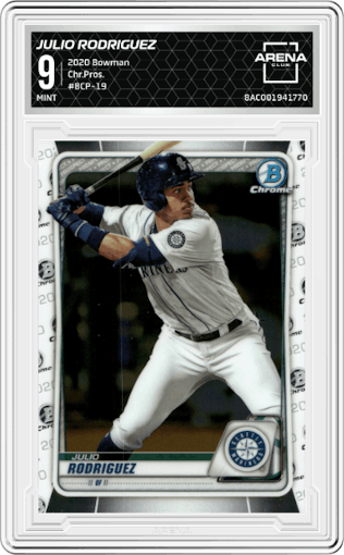 Julio Rodriguez from the 2020 Bowman set graded by Arena Club and given an overall grade of 9.