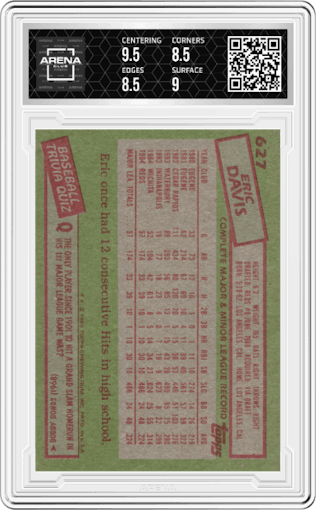 Eric Davis from the 1985 Topps set graded by Arena Club and given an overall grade of 9.