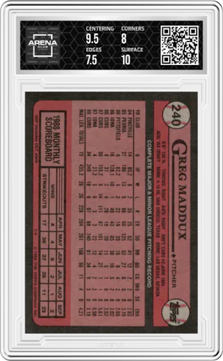 Greg Maddux from the 1989 Topps set graded by Arena Club and given an overall grade of 8.
