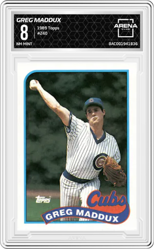 Greg Maddux from the 1989 Topps set graded by Arena Club and given an overall grade of 8.