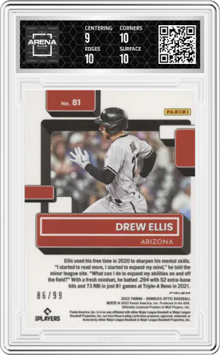 Drew Ellis from the 2022 Donruss Optic set featuring a Blue Pandora parallel graded by Arena Club and given an overall grade of 9.5.