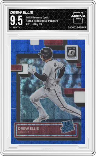 Drew Ellis from the 2022 Donruss Optic set featuring a Blue Pandora parallel graded by Arena Club and given an overall grade of 9.5.