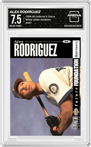 Alex Rodriguez from the 1994 Upper Deck Collector’s Choice set featuring a White Letter Variation parallel graded by Arena Club and given an overall grade of 7.5.