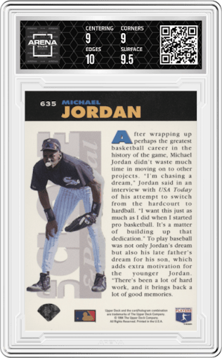 Michael Jordan from the 1994 Upper Deck Collector’s Choice set graded by Arena Club and given an overall grade of 9.5.
