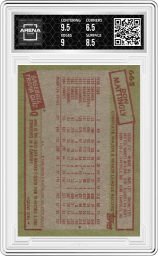 Don Mattingly from the 1985 Topps set graded by Arena Club and given an overall grade of 7.
