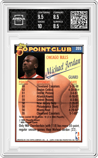 Michael Jordan from the 1992-93 Topps set graded by Arena Club and given an overall grade of 9.