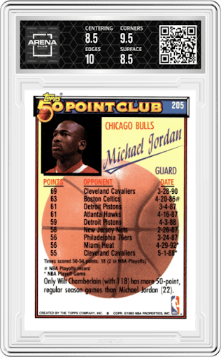 Michael Jordan from the 1992-93 Topps set graded by Arena Club and given an overall grade of 9.