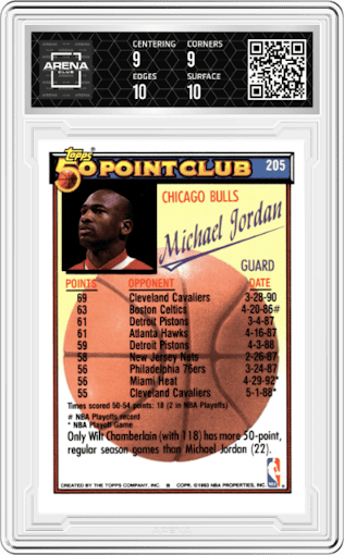 Michael Jordan from the 1992-93 Topps set graded by Arena Club and given an overall grade of 9.5.