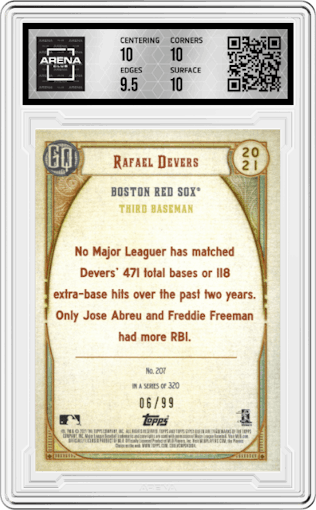 Rafael Devers from the 2021 Topps Gypsy Queen set featuring a Blue Refractor parallel graded by Arena Club and given an overall grade of 10.