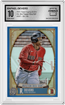Rafael Devers from the 2021 Topps Gypsy Queen set featuring a Blue Refractor parallel graded by Arena Club and given an overall grade of 10.