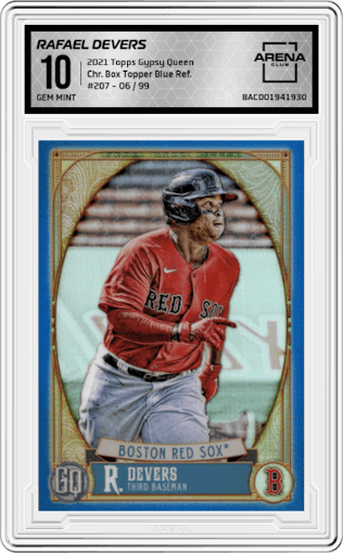 Rafael Devers from the 2021 Topps Gypsy Queen set featuring a Blue Refractor parallel graded by Arena Club and given an overall grade of 10.