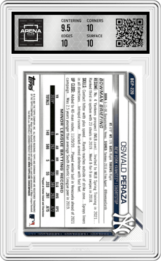 Oswald Peraza from the 2021 Bowman Chrome Mega Box set featuring a Purple Refractor parallel graded by Arena Club and given an overall grade of 10.