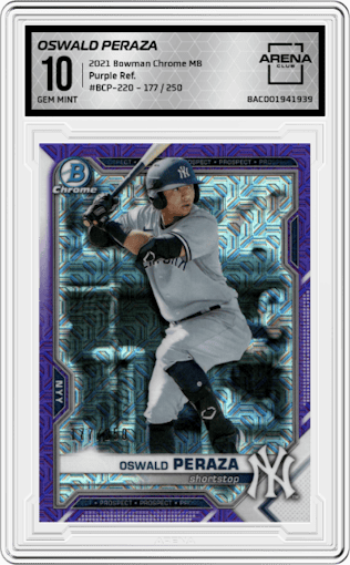 Oswald Peraza from the 2021 Bowman Chrome Mega Box set featuring a Purple Refractor parallel graded by Arena Club and given an overall grade of 10.