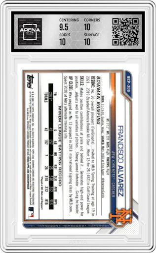 Francisco Alvarez from the 2021 Bowman Chrome Mega Box set featuring a Blue Refractor  parallel graded by Arena Club and given an overall grade of 10.