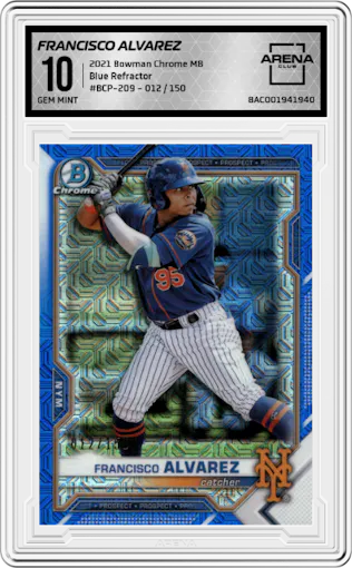 Francisco Alvarez from the 2021 Bowman Chrome Mega Box set featuring a Blue Refractor  parallel graded by Arena Club and given an overall grade of 10.