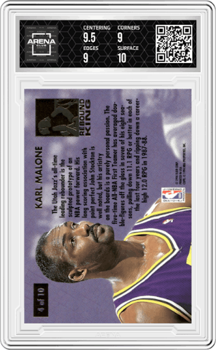 Karl Malone from the 1993-94 Fleer Ultra set graded by Arena Club and given an overall grade of 9.5.