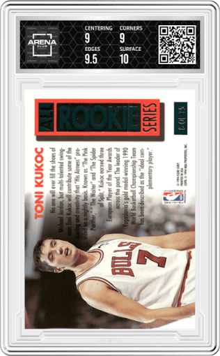 Toni Kukoc from the 1993-94 Fleer Ultra set graded by Arena Club and given an overall grade of 9.5.