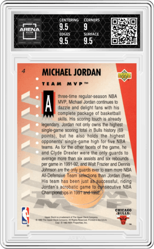 Michael Jordan from the 1992-93 Upper Deck MVP Holograms set graded by Arena Club and given an overall grade of 9.5.