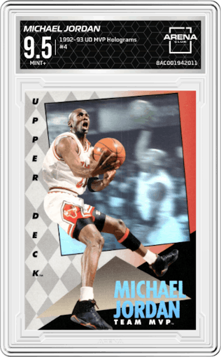 Michael Jordan from the 1992-93 Upper Deck MVP Holograms set graded by Arena Club and given an overall grade of 9.5.