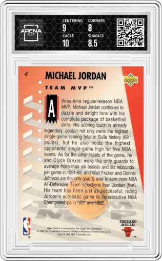 Michael Jordan from the 1992-93 Upper Deck MVP Holograms set graded by Arena Club and given an overall grade of 8.5.