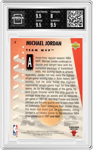 Michael Jordan from the 1992-93 Upper Deck MVP Holograms set graded by Arena Club and given an overall grade of 8.5.