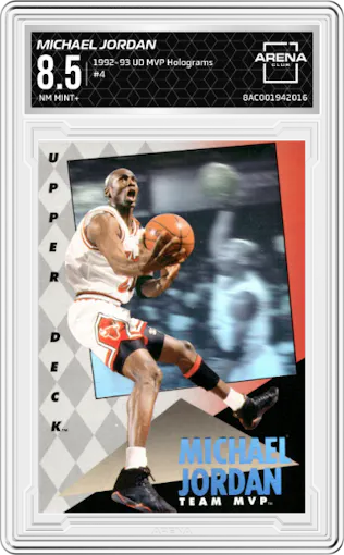 Michael Jordan from the 1992-93 Upper Deck MVP Holograms set graded by Arena Club and given an overall grade of 8.5.