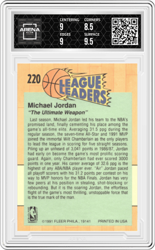 Michael Jordan from the 1991-92 Fleer set graded by Arena Club and given an overall grade of 9.