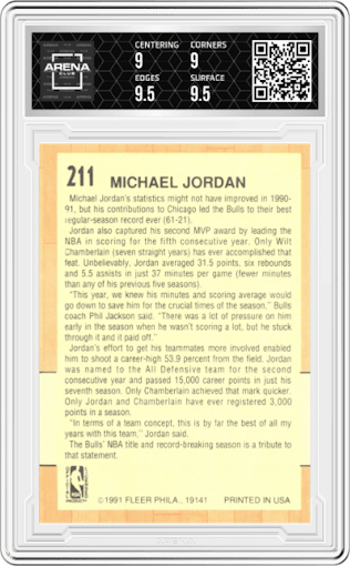 Michael Jordan from the 1991-92 Fleer set graded by Arena Club and given an overall grade of 9.5.