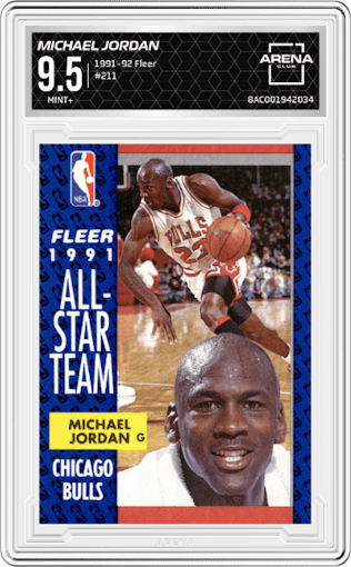 Michael Jordan from the 1991-92 Fleer set graded by Arena Club and given an overall grade of 9.5.