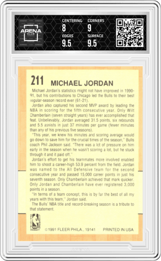 Michael Jordan from the 1991-92 Fleer set graded by Arena Club and given an overall grade of 8.5.
