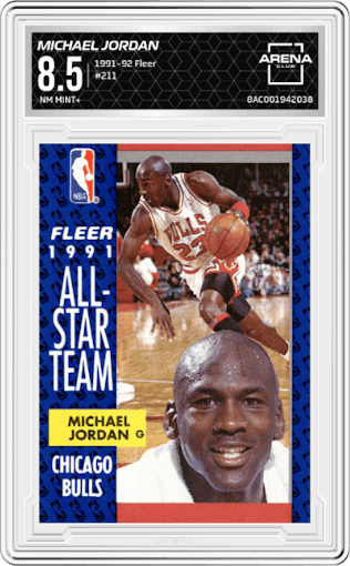 Michael Jordan from the 1991-92 Fleer set graded by Arena Club and given an overall grade of 8.5.