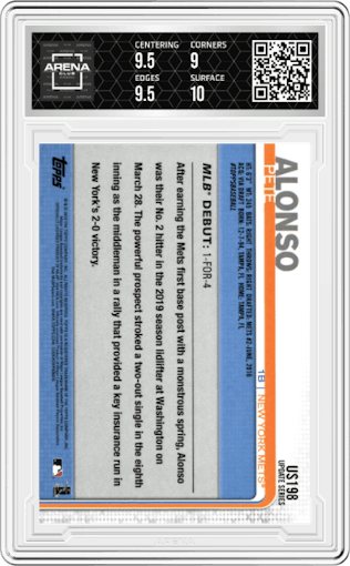 Pete Alonso from the 2019 Topps Update  set graded by Arena Club and given an overall grade of 9.5.