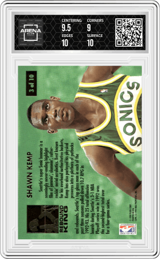 Shawn Kemp from the 1993-94 Fleer Ultra set graded by Arena Club and given an overall grade of 9.5.