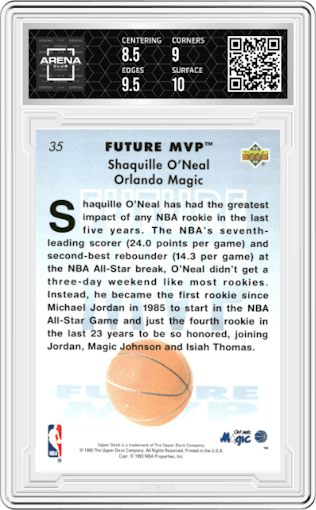 Shaquille O'Neal from the 1992-93 Upper Deck MVP Holograms set graded by Arena Club and given an overall grade of 9.