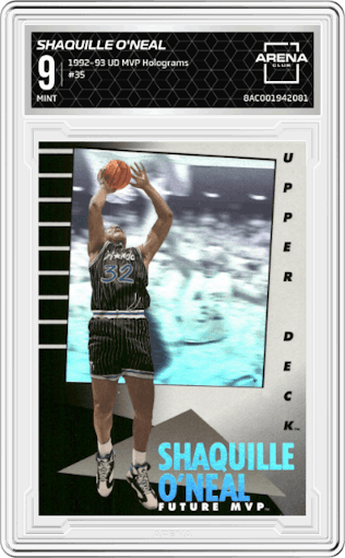Shaquille O'Neal from the 1992-93 Upper Deck MVP Holograms set graded by Arena Club and given an overall grade of 9.