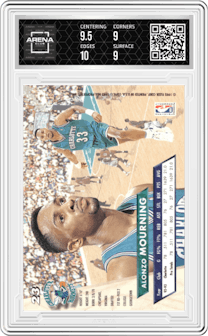 Alonzo Mourning from the 1993-94 Fleer Ultra set graded by Arena Club and given an overall grade of 9.5.