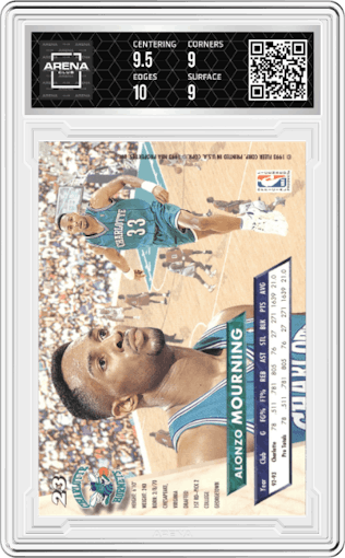 Alonzo Mourning from the 1993-94 Fleer Ultra set graded by Arena Club and given an overall grade of 9.5.