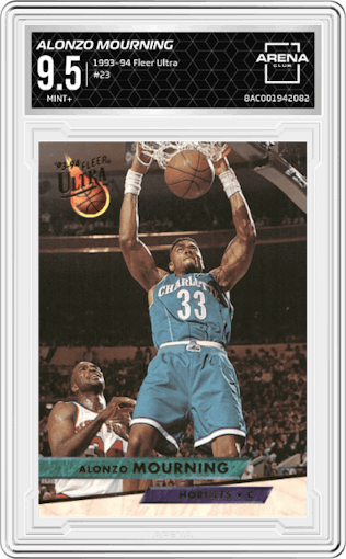 Alonzo Mourning from the 1993-94 Fleer Ultra set graded by Arena Club and given an overall grade of 9.5.