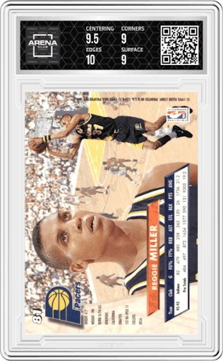 Reggie Miller from the 1993-94 Fleer Ultra set graded by Arena Club and given an overall grade of 9.5.