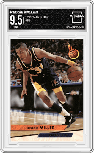 Reggie Miller from the 1993-94 Fleer Ultra set graded by Arena Club and given an overall grade of 9.5.